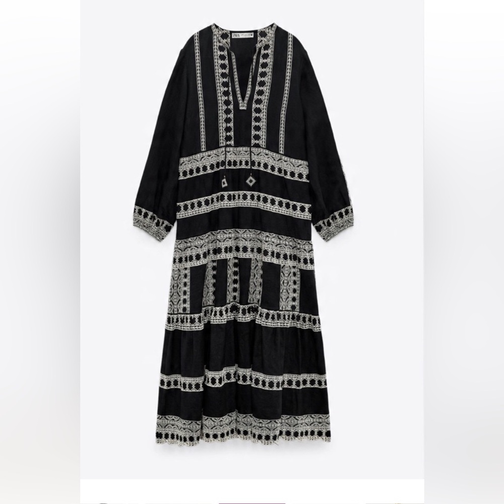 Zara Black and White Long Sleeve V-Neck Dress